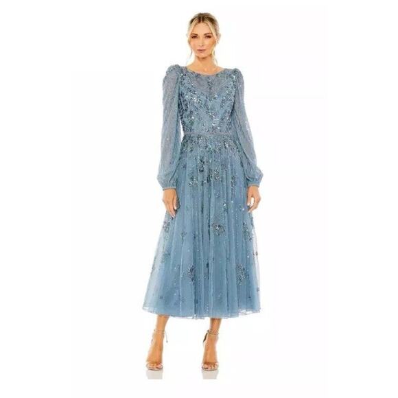 NWT Mac Duggal High Neck Size 6 Floral Embellished Puff Long Sleeve Midi Dress - Picture 1 of 16